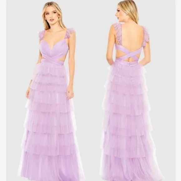 NWT Mac Duggal Maxi Dress 50670 Lavender Lilac Ruffle Tiered Tulle Cutout sz 12 - Picture 4 of 8